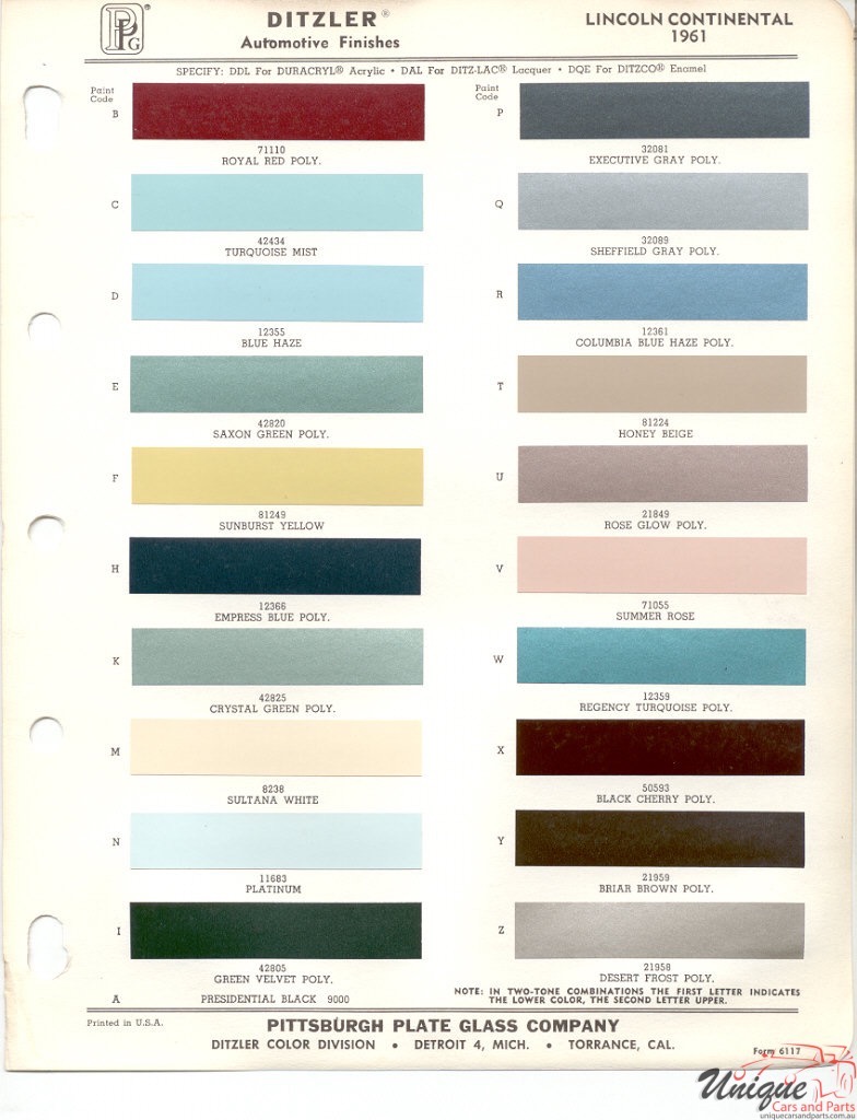 1961 Lincoln Paint Charts PPG